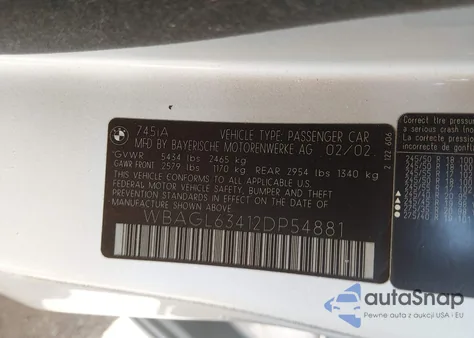 2002 BMW 745I из США, поврежденный, VIN WBAGL63412DP54881